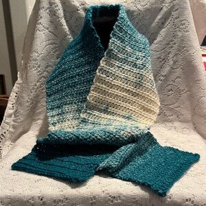 Teal and Cream Crocheted Scarf